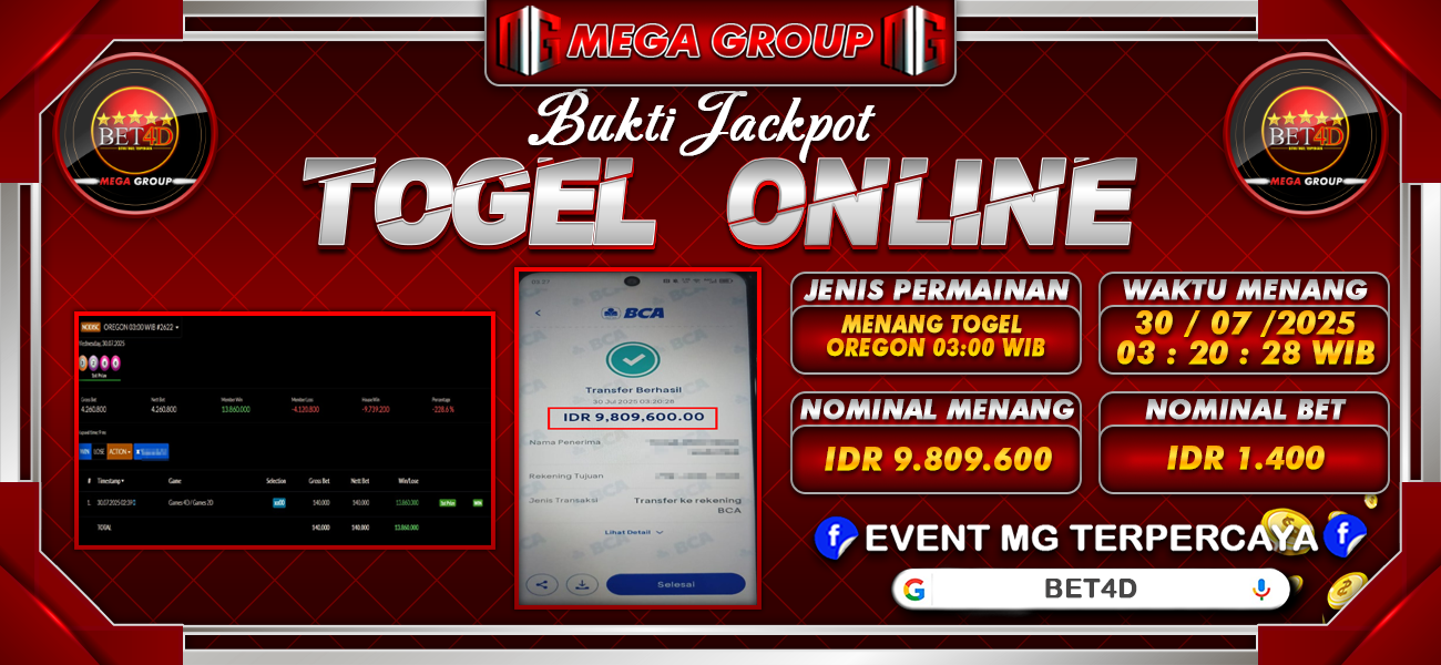 Bukti JP situs Bet4D hari Rabu, 30 Juli 2025