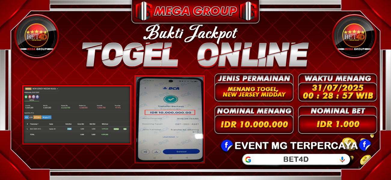 Bukti JP situs Bet4D hari Kamis, 31 Juli 2025