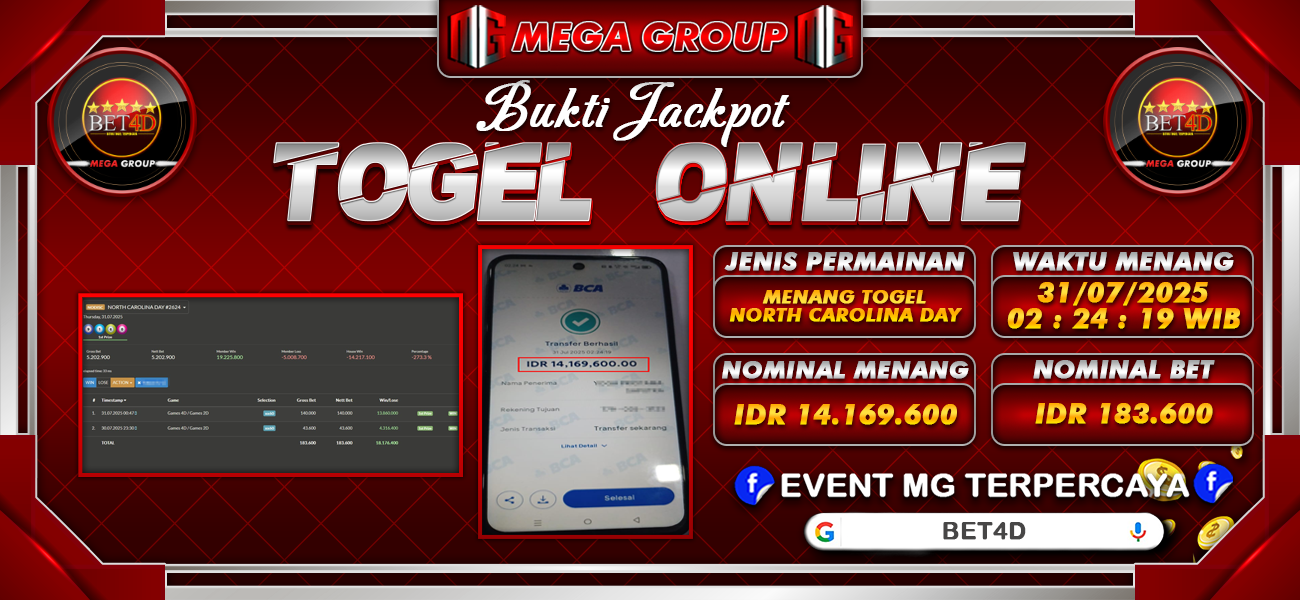 Bukti JP situs Bet4D hari Kamis, 31 Juli 2025
