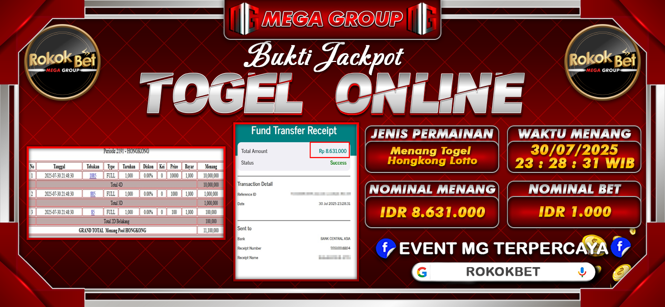 Bukti JP situs Rokokbet hari Kamis, 31 Juli 2025