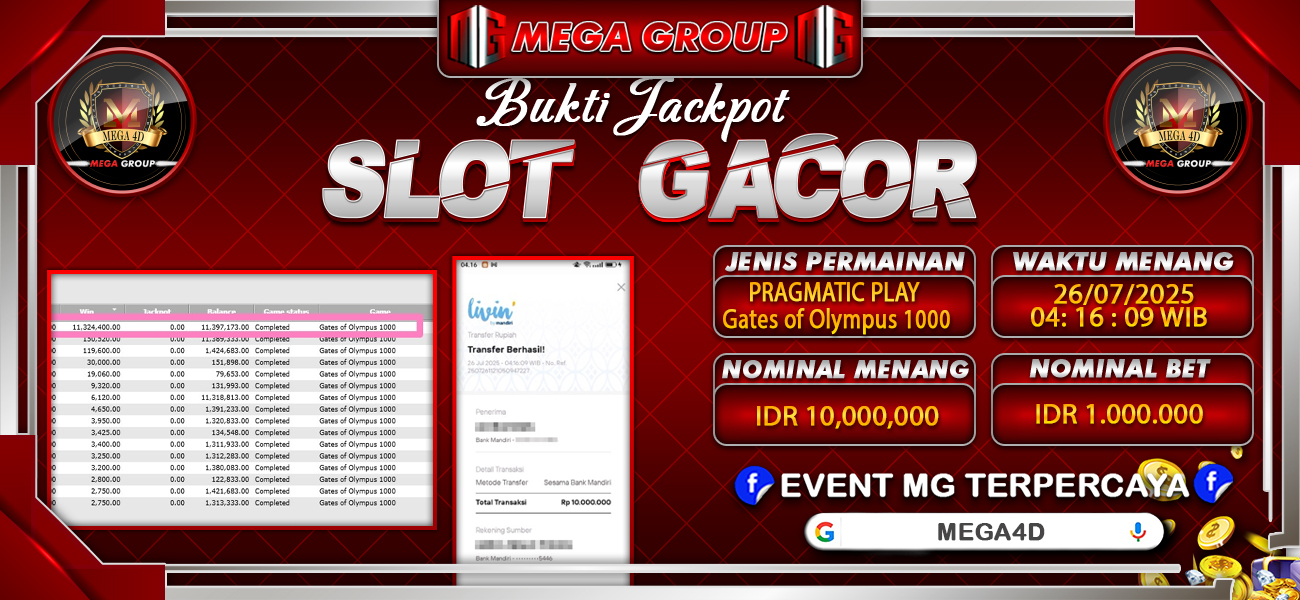Bukti JP situs Mega4D hari Sabtu, 26 Juli 2025