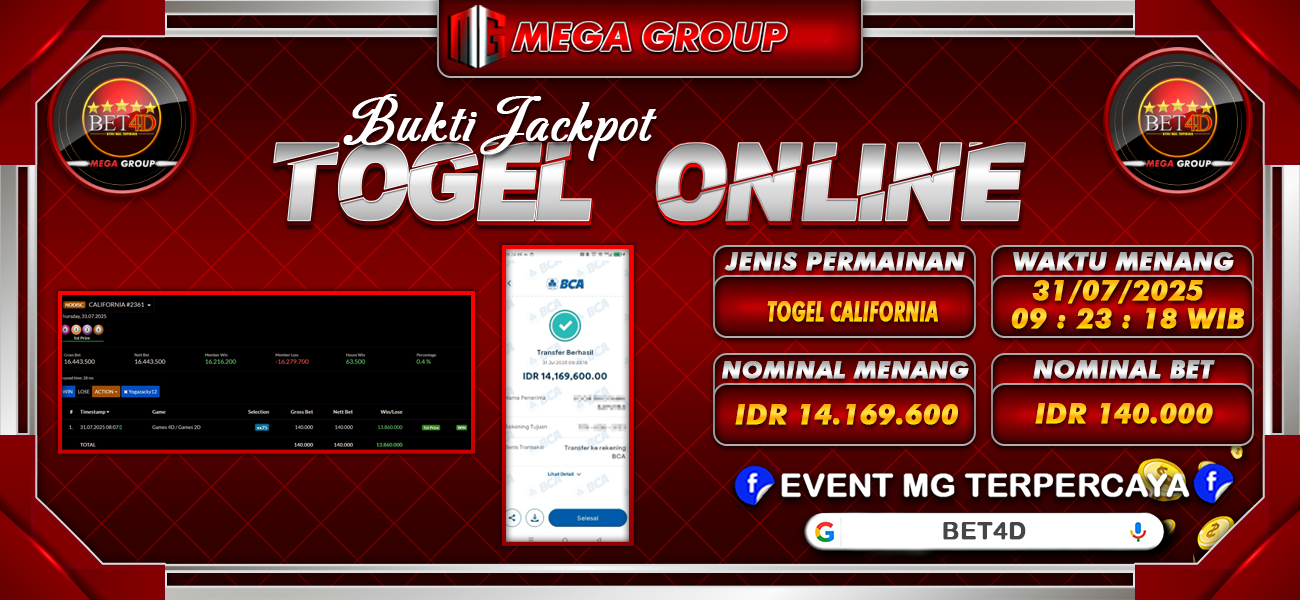 Bukti JP situs Bet4D hari Kamis, 31 Juli 2025